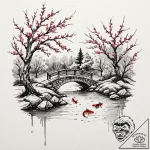 A tranquil asian garden with a stone bridge o… – tattoo sketch (№1752588494_0, 15.07.2025 14:08) — tattoovalue.net