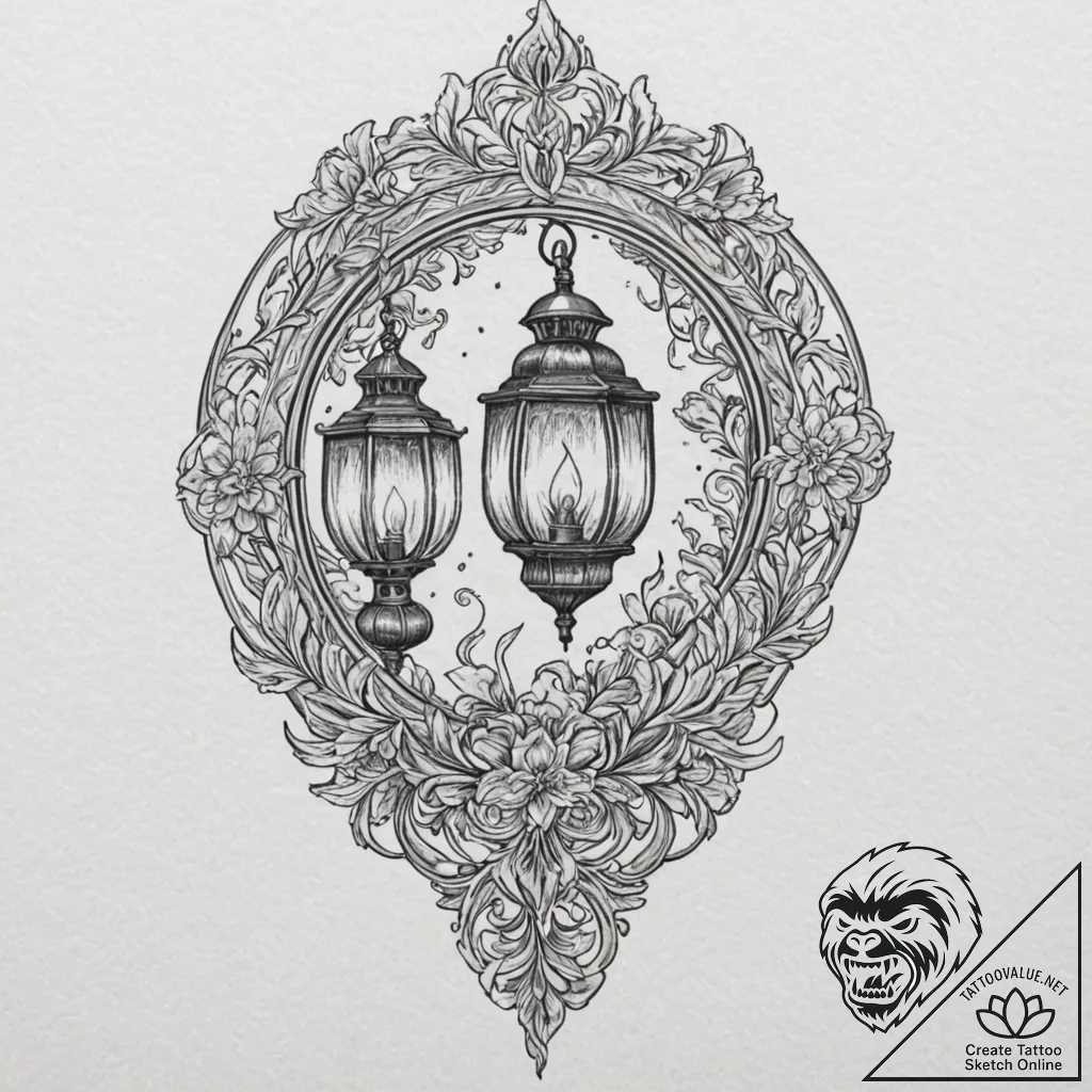 Lantern burning with twin flames, tattoo line... - tattoo sketch (№1752588835_0, 15.07.2025 14:13) — tattoovalue.net