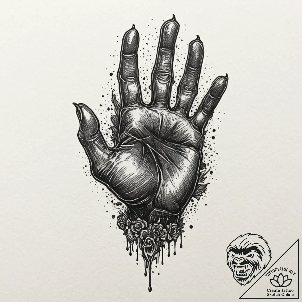 Zombie hand bursting from a grave, tattoo lin... - tattoo sketch (№1752589259_0, 15.07.2025 14:20) — tattoovalue.net