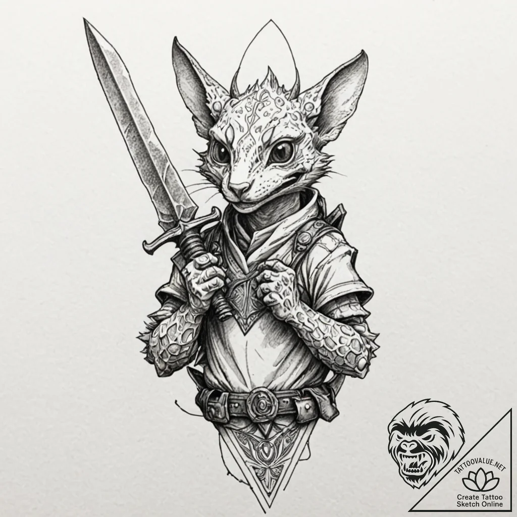 Kobold warrior gripping dagger, ink illustrat... - tattoo sketch (№1752589603_0, 15.07.2025 14:26) — tattoovalue.net