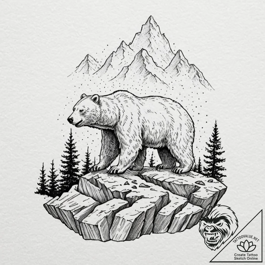 Arctic bear roaring on cliff, ink illustratio... - tattoo sketch (№1752589689_0, 15.07.2025 14:28) — tattoovalue.net