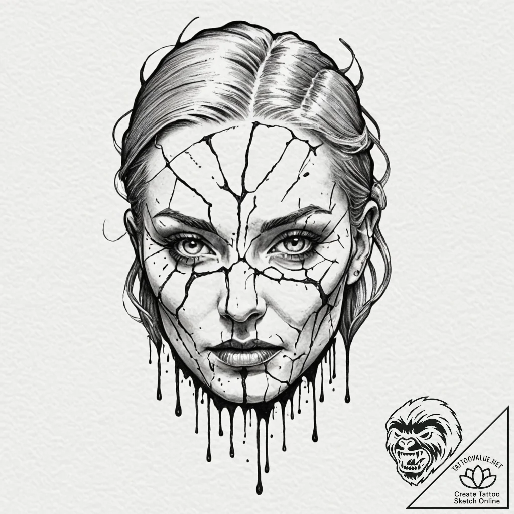 Cracked mask bleeding shadows, ink illustrati... - tattoo sketch (№1752589773_0, 15.07.2025 14:29) — tattoovalue.net