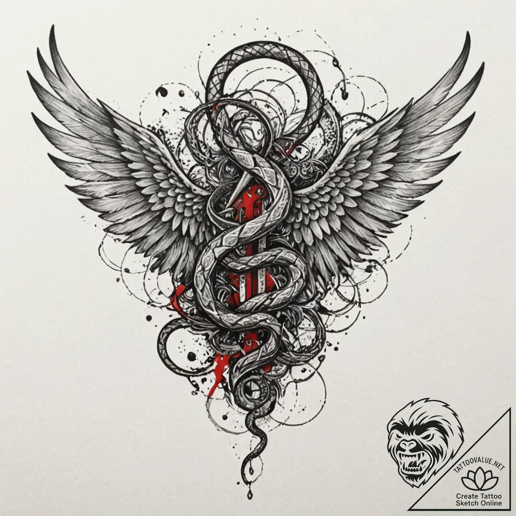 Angel snake with feathered wings, tattoo sket... - tattoo sketch (№1752591227_0, 15.07.2025 14:53) — tattoovalue.net