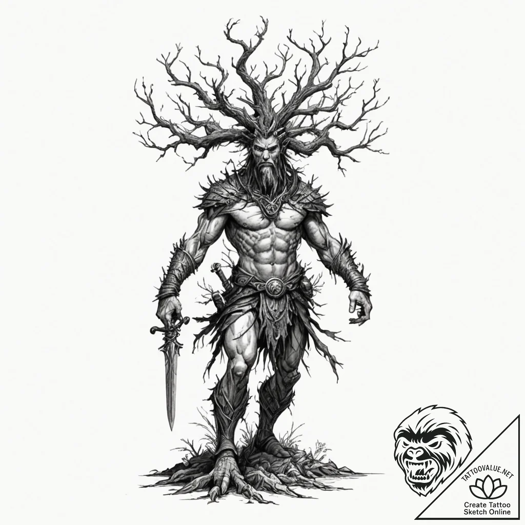 Ent (walking tree) as a gnarled, ancient warr... - tattoo sketch (№1752591312_0, 15.07.2025 14:55) — tattoovalue.net