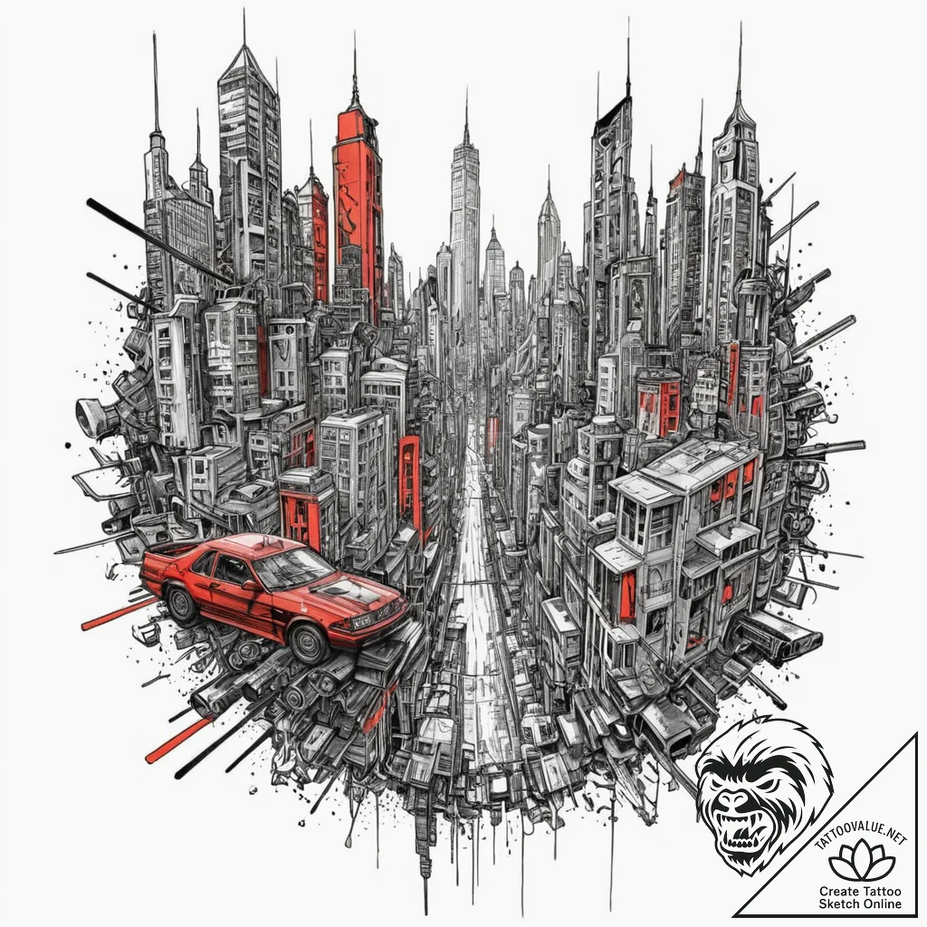 A window looking out onto a cyberpunk city, t... - tattoo sketch (№1752596007_0, 15.07.2025 16:13) — tattoovalue.net
