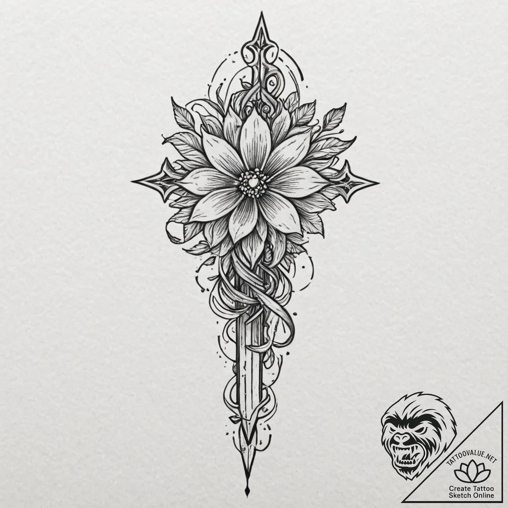 Dagger within thorned bloom, tattoo line art,... - tattoo sketch (№1752596243_0, 15.07.2025 16:17) — tattoovalue.net
