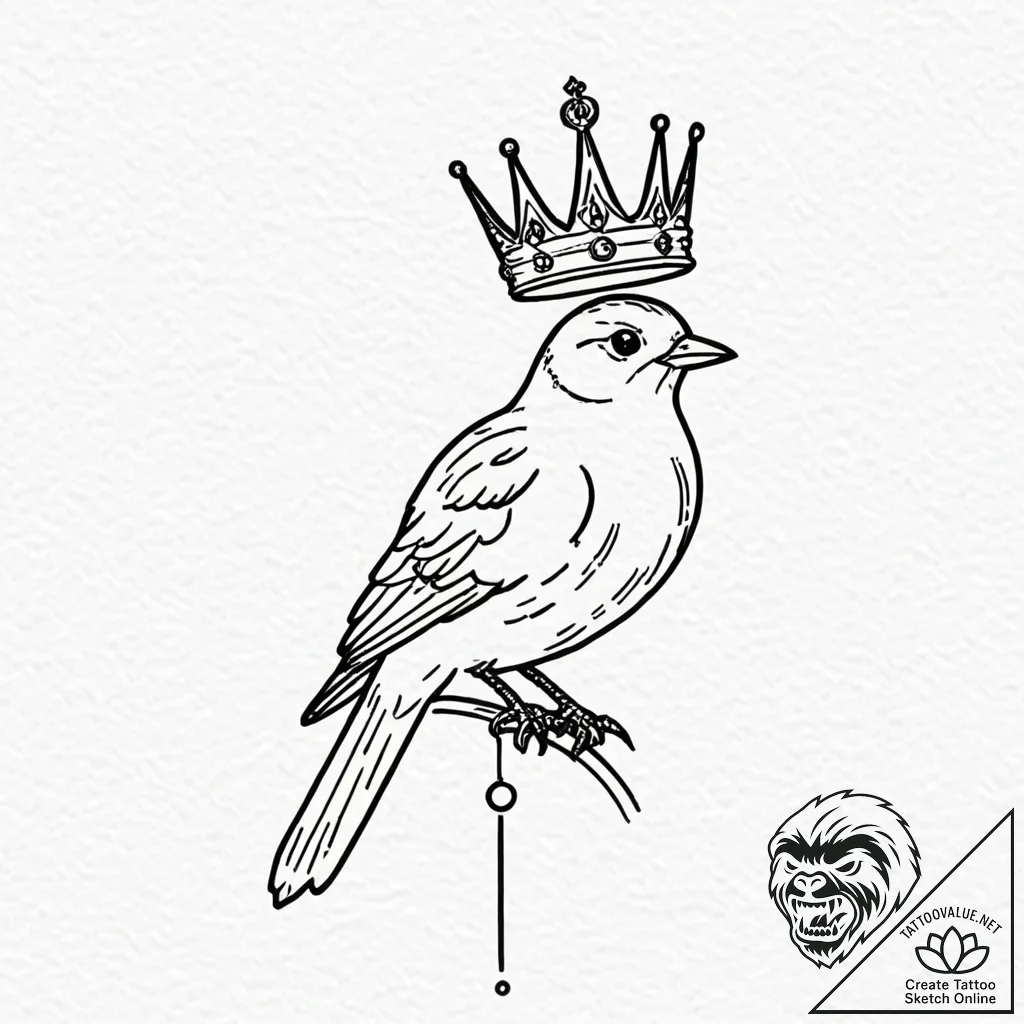A whimsical bird with a tiny crown, regal,, t... - tattoo sketch (№1752596323_0, 15.07.2025 16:18) — tattoovalue.net