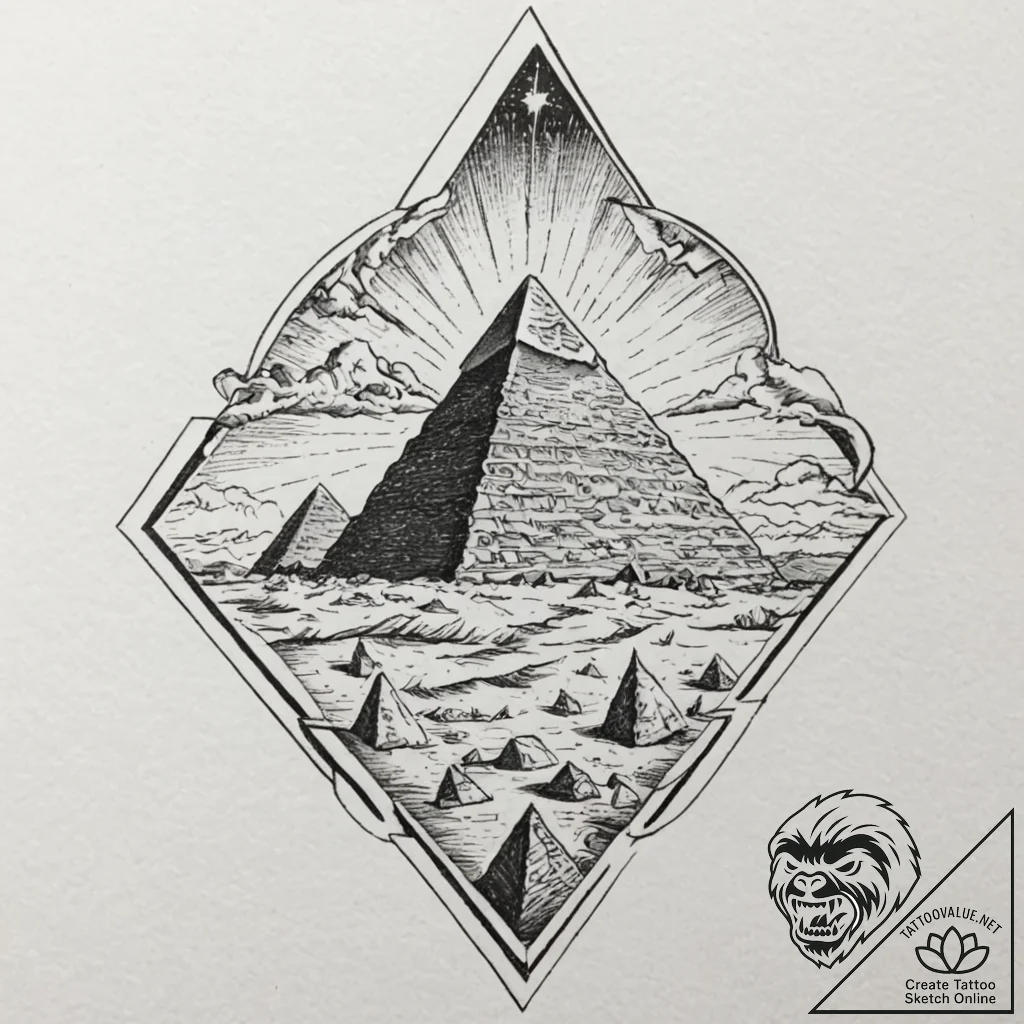 Pyramid of giza with a storm of cosmic energy... - tattoo sketch (№1752596480_0, 15.07.2025 16:21) — tattoovalue.net