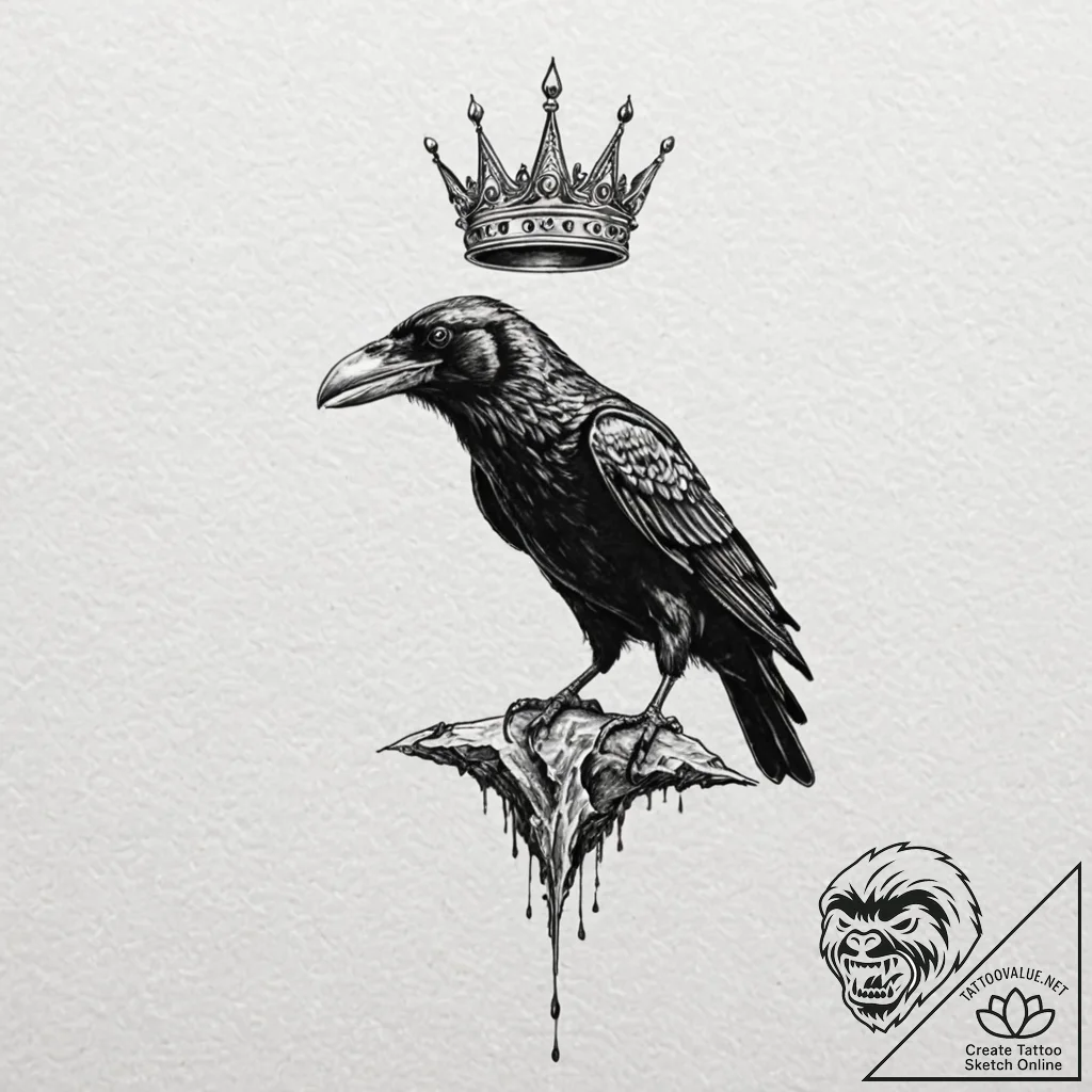 Clawed raven perched on crown, tattoo line ar... - tattoo sketch (№1752596642_0, 15.07.2025 16:24) — tattoovalue.net