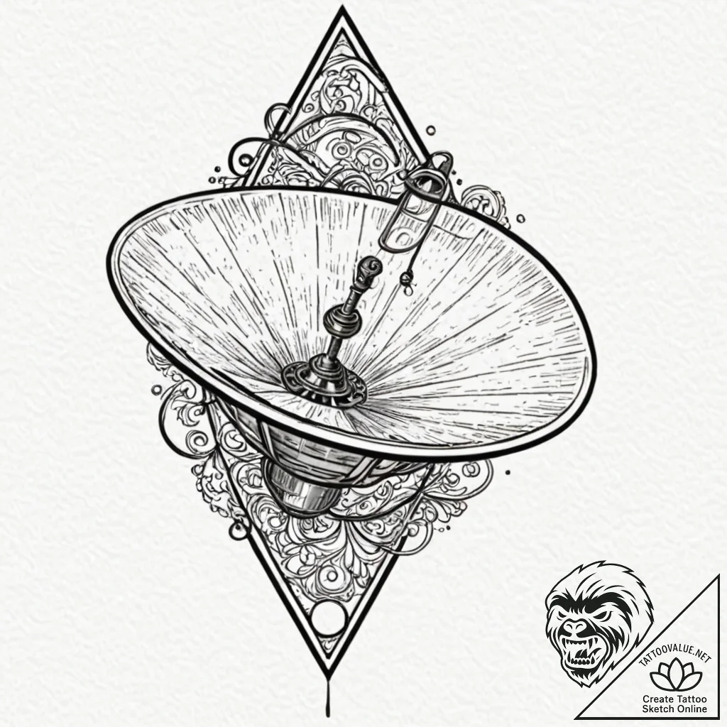 Decaying satellite dish aimed at a black star... - tattoo sketch (№1752597398_0, 15.07.2025 16:36) — tattoovalue.net