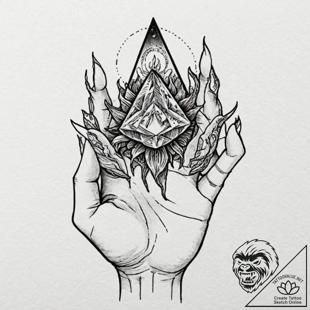 Witch's hand, with long nails, holding a glow... - tattoo sketch (№1752597733_0, 15.07.2025 16:42) — tattoovalue.net