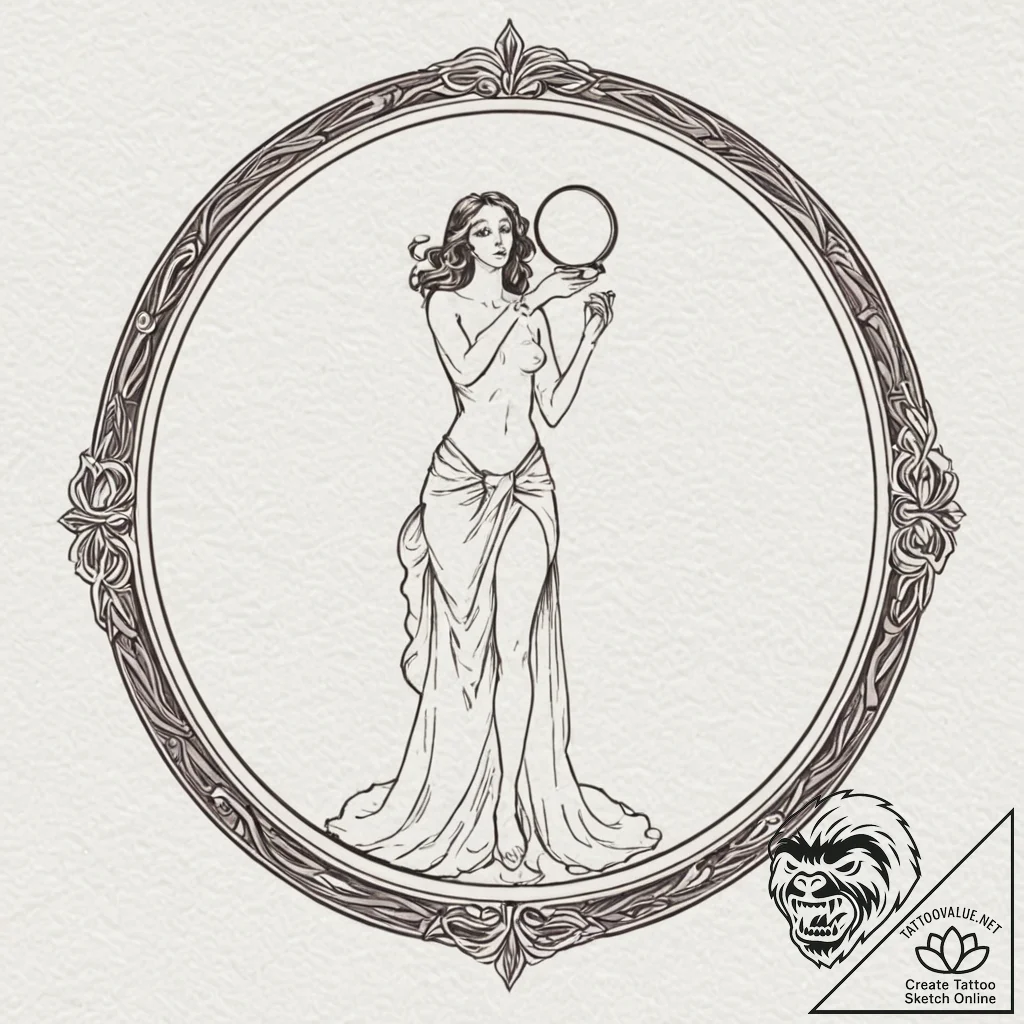 A hand mirror reflecting a ghostly figure, ta... - tattoo sketch (№1752598596_0, 15.07.2025 16:56) — tattoovalue.net