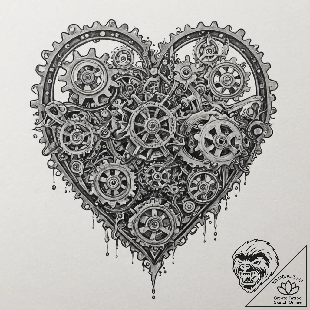 Steampunk heart with ticking gears and valves... - tattoo sketch (№1752598765_0, 15.07.2025 16:59) — tattoovalue.net