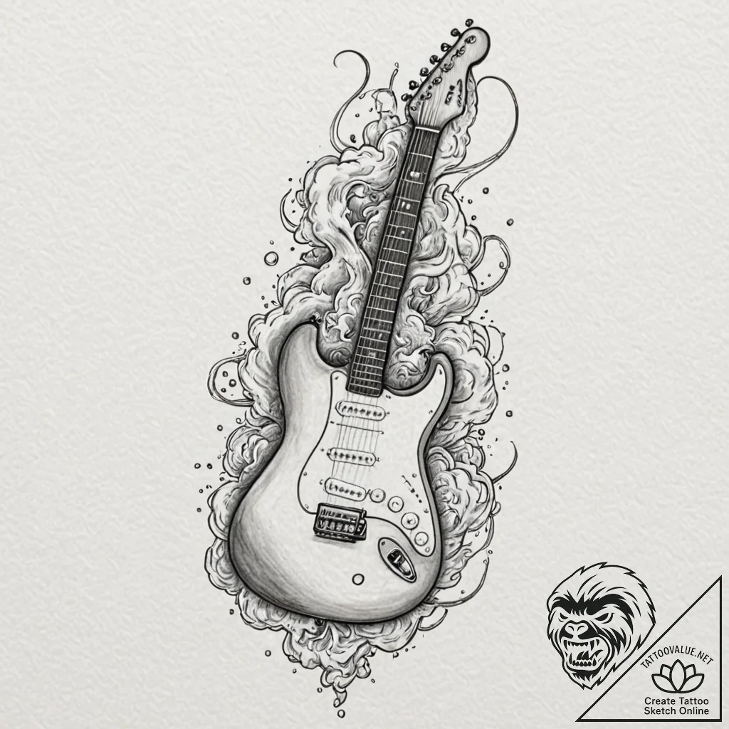 Electric guitar plugged into a thundercloud,... - tattoo sketch (№1752598853_0, 15.07.2025 17:00) — tattoovalue.net