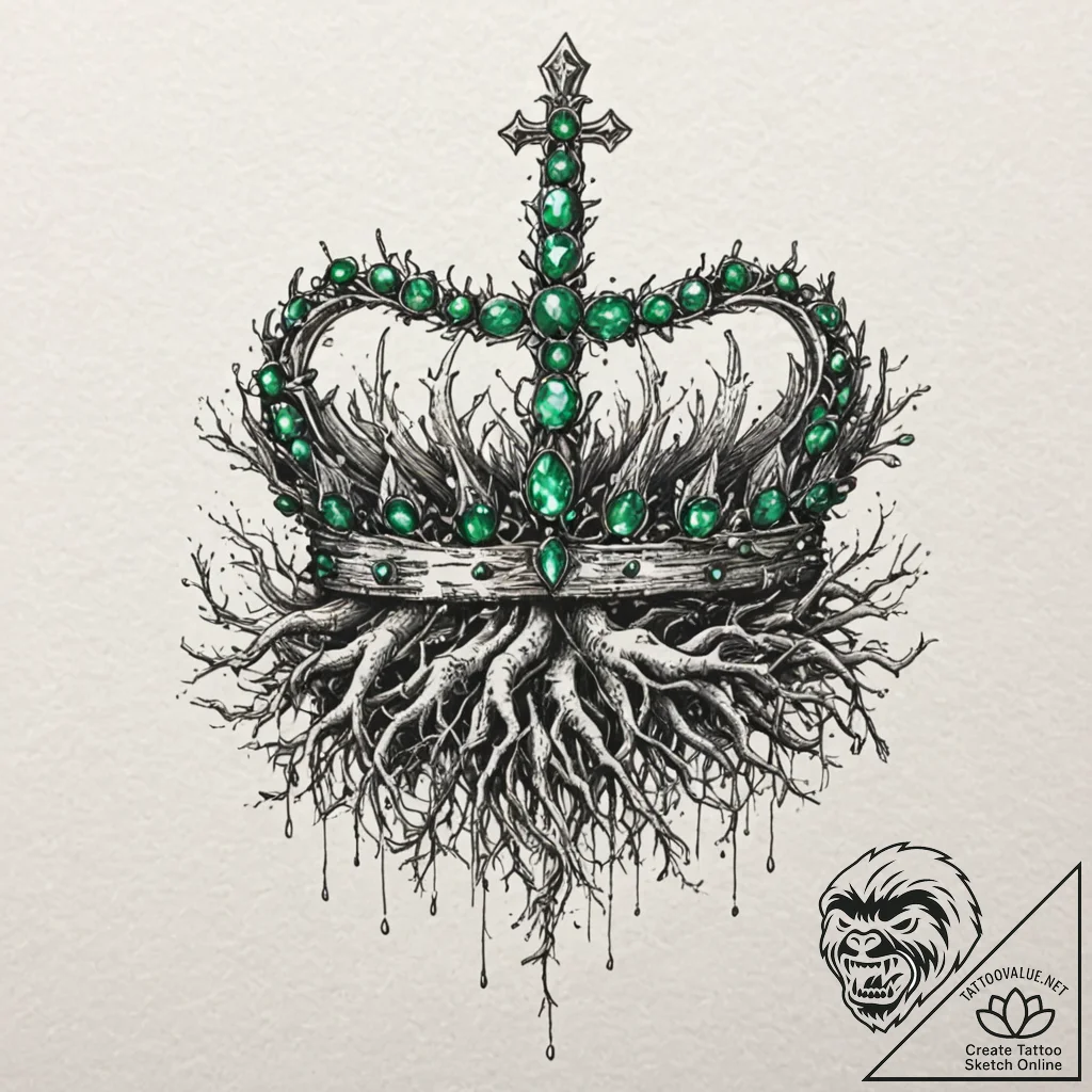 Emerald crown submerged in roots, artistic ta... - tattoo sketch (№1752598944_0, 15.07.2025 17:02) — tattoovalue.net