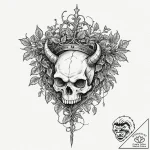 Kobold skull crowned in ivy, artistic tattoo… – tattoo sketch (№1752599315_0, 15.07.2025 17:08) — tattoovalue.net