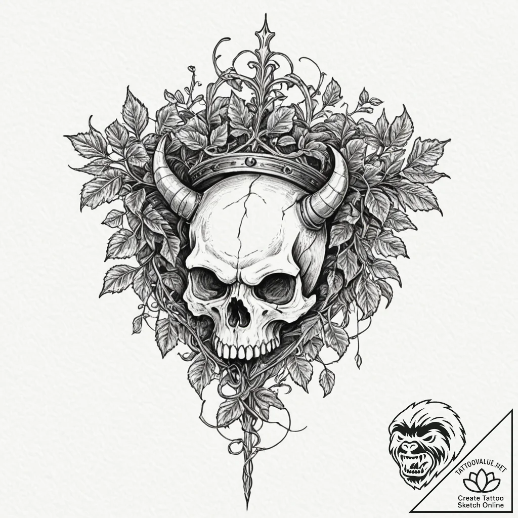 Kobold skull crowned in ivy, artistic tattoo... - tattoo sketch (№1752599315_0, 15.07.2025 17:08) — tattoovalue.net