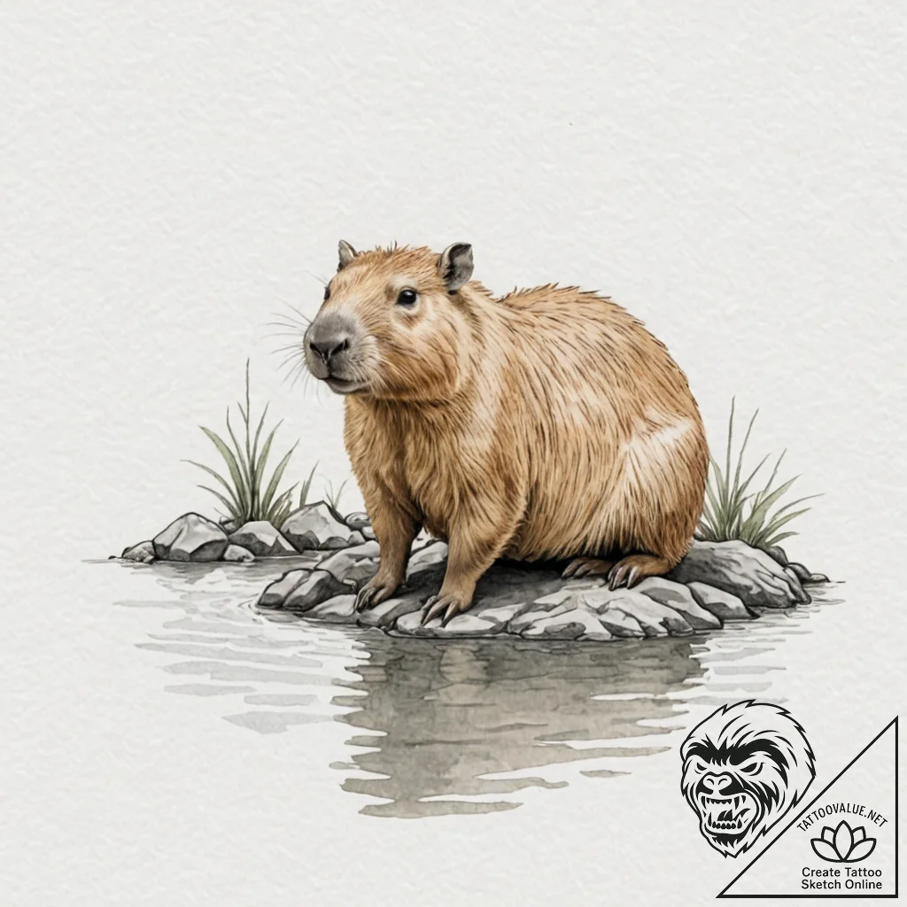 A capybara chilling in a hot spring - tattoo sketch (№1752599718_0, 15.07.2025 17:15) — tattoovalue.net