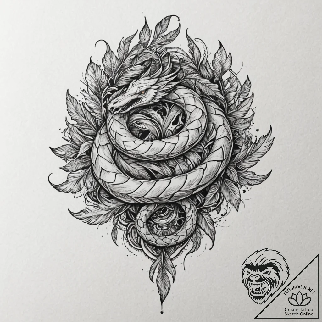 Angelic serpent with feathers, tattoo line ar... - tattoo sketch (№1752599957_0, 15.07.2025 17:19) — tattoovalue.net