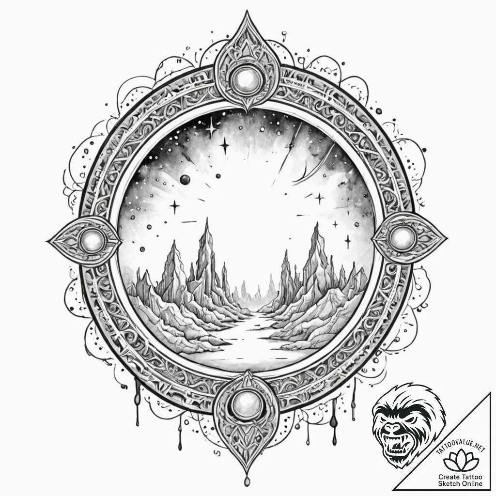 Oracle relic beneath celestial gate, artistic... - tattoo sketch (№1752600043_0, 15.07.2025 17:20) — tattoovalue.net
