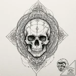 Ashen skull with cracked jaw, ink illustratio… – tattoo sketch (№1752600286_0, 15.07.2025 17:24) — tattoovalue.net