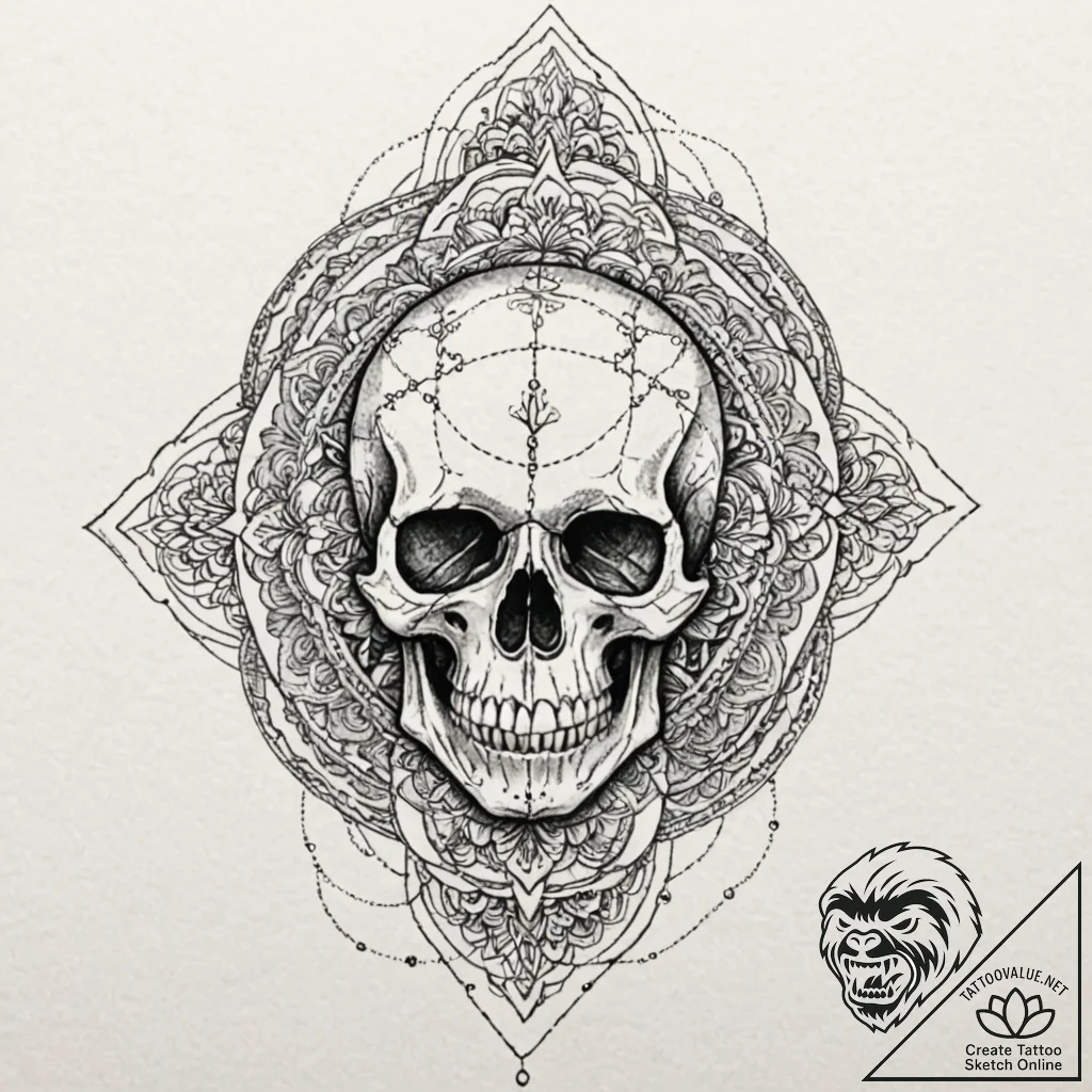 Ashen skull with cracked jaw, ink illustratio... - tattoo sketch (№1752600286_0, 15.07.2025 17:24) — tattoovalue.net
