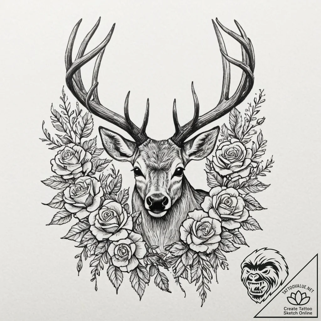 Deer with antlers that bloom with seasonal fl... - tattoo sketch (№1752600373_0, 15.07.2025 17:26) — tattoovalue.net