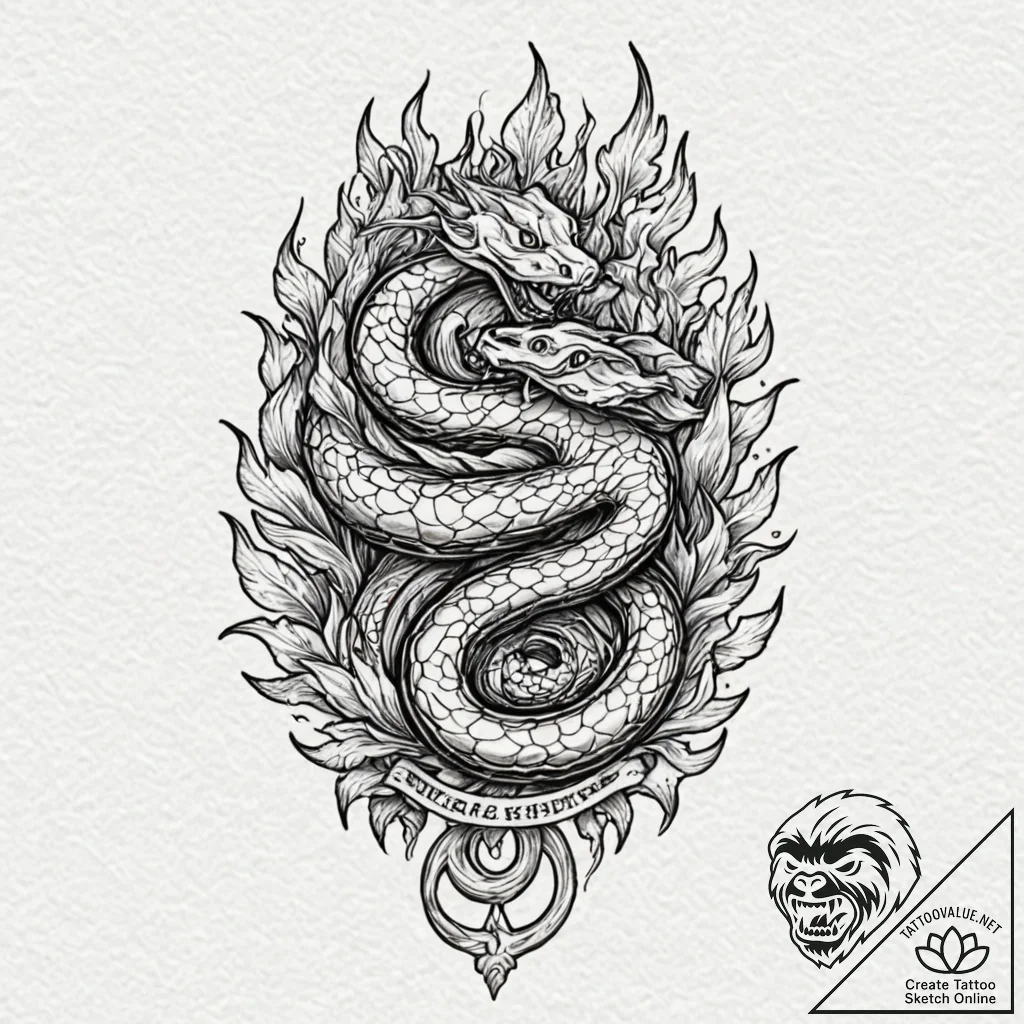 Ice flames consuming serpent, ink illustratio... - tattoo sketch (№1752609135_0, 15.07.2025 19:52) — tattoovalue.net