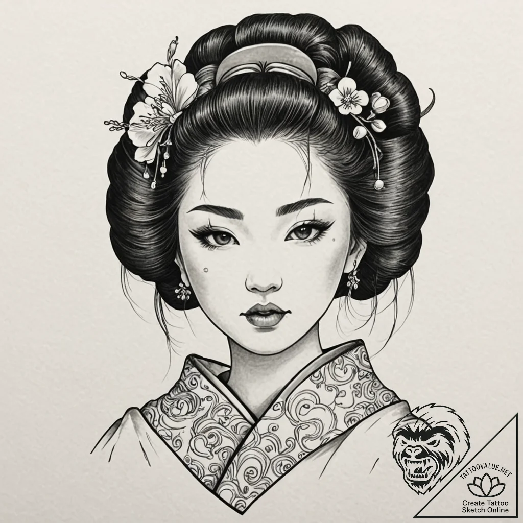 Geisha with a face of a porcelain doll, crack... - tattoo sketch (№1752609212_0, 15.07.2025 19:53) — tattoovalue.net