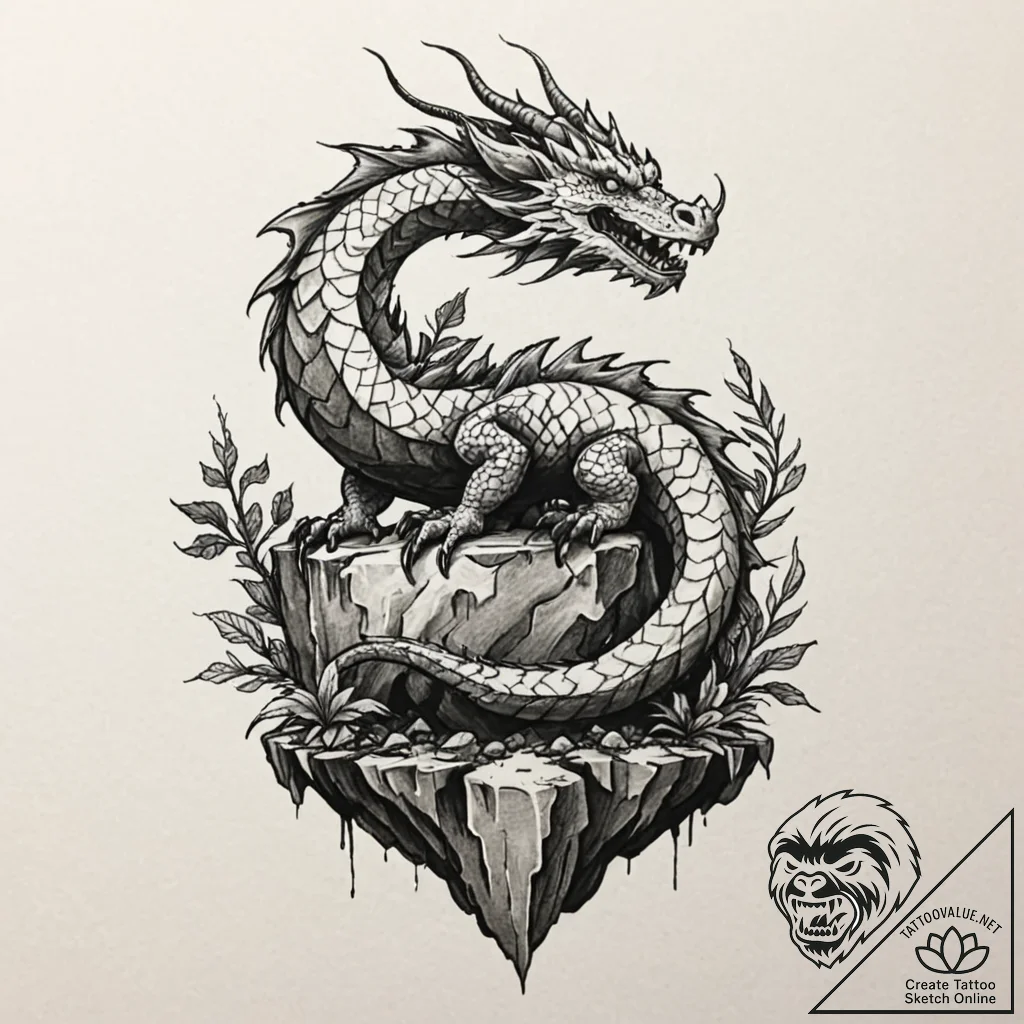 Bonsai tree growing on a sleeping dragon's ba... - tattoo sketch (№1752610314_0, 15.07.2025 20:11) — tattoovalue.net