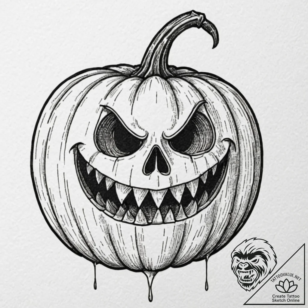 Pumpkin with skeletal grin, tattoo line art,... - tattoo sketch (№1752610807_0, 15.07.2025 20:20) — tattoovalue.net