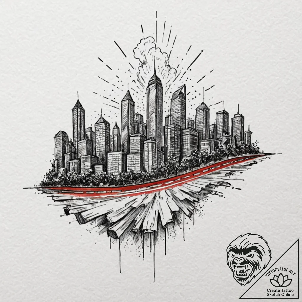 A powerful burning city lights, distant,, tat... - tattoo sketch (№1752611062_0, 15.07.2025 20:24) — tattoovalue.net