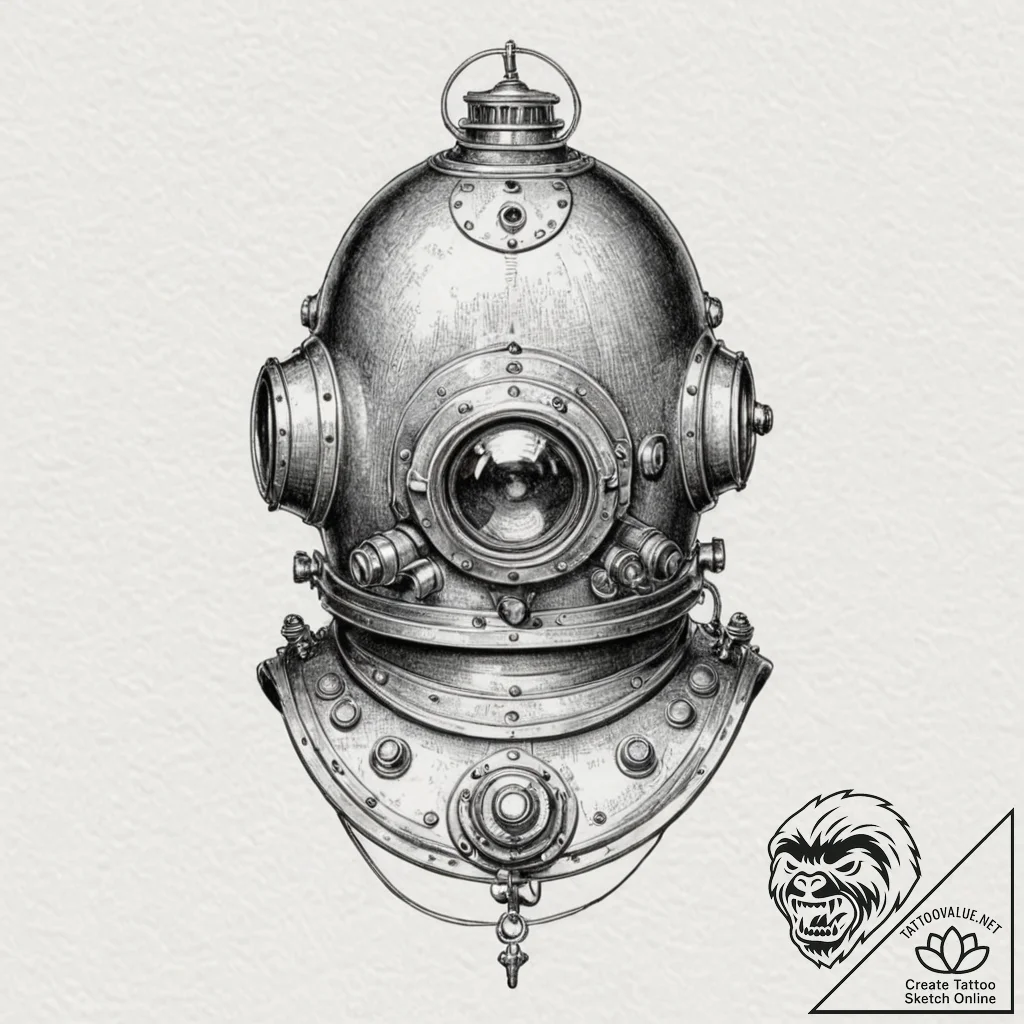 Antique diving helmet, ink illustration for t... - tattoo sketch (№1752612235_0, 15.07.2025 20:43) — tattoovalue.net