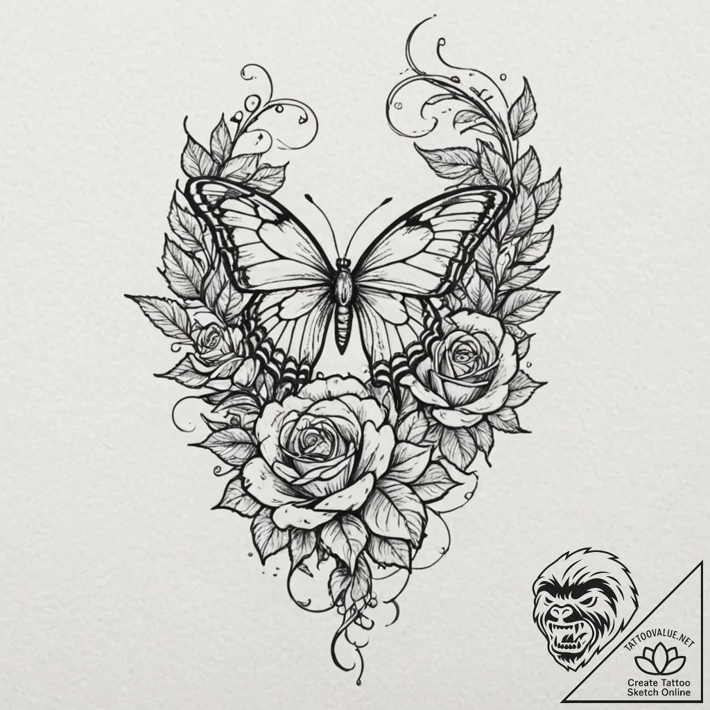 Ashen butterfly caught in thorned vines, tatt... - tattoo sketch (№1752612656_0, 15.07.2025 20:50) — tattoovalue.net