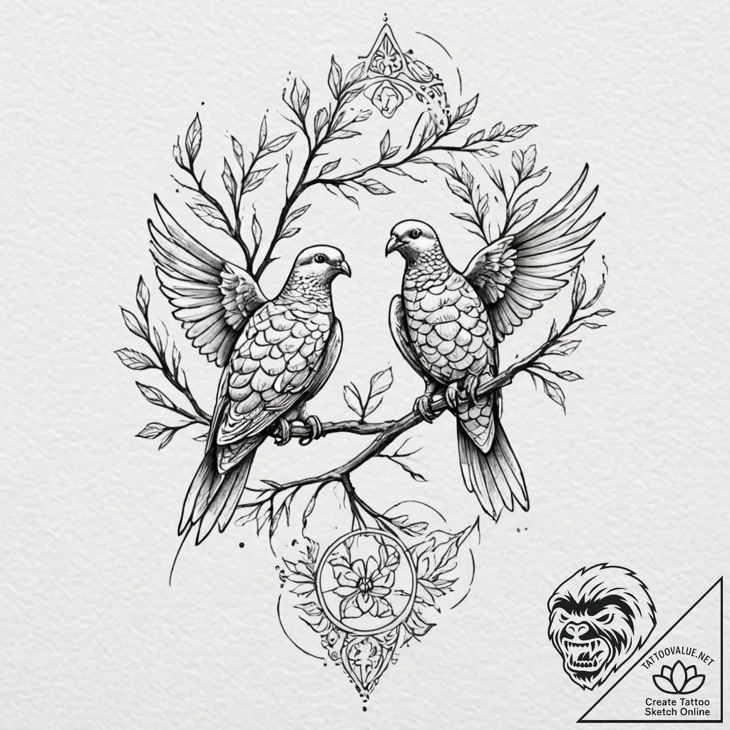 Turtle dove pair, perched on a branch togethe... - tattoo sketch (№1752613162_0, 15.07.2025 20:59) — tattoovalue.net