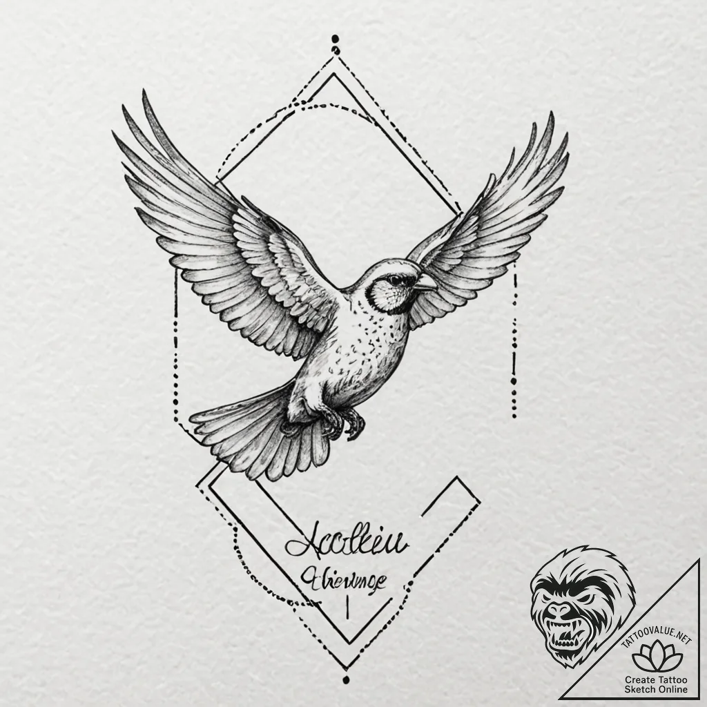 A whimsical bird flying with a message in bea... - tattoo sketch (№1752613666_0, 15.07.2025 21:07) — tattoovalue.net
