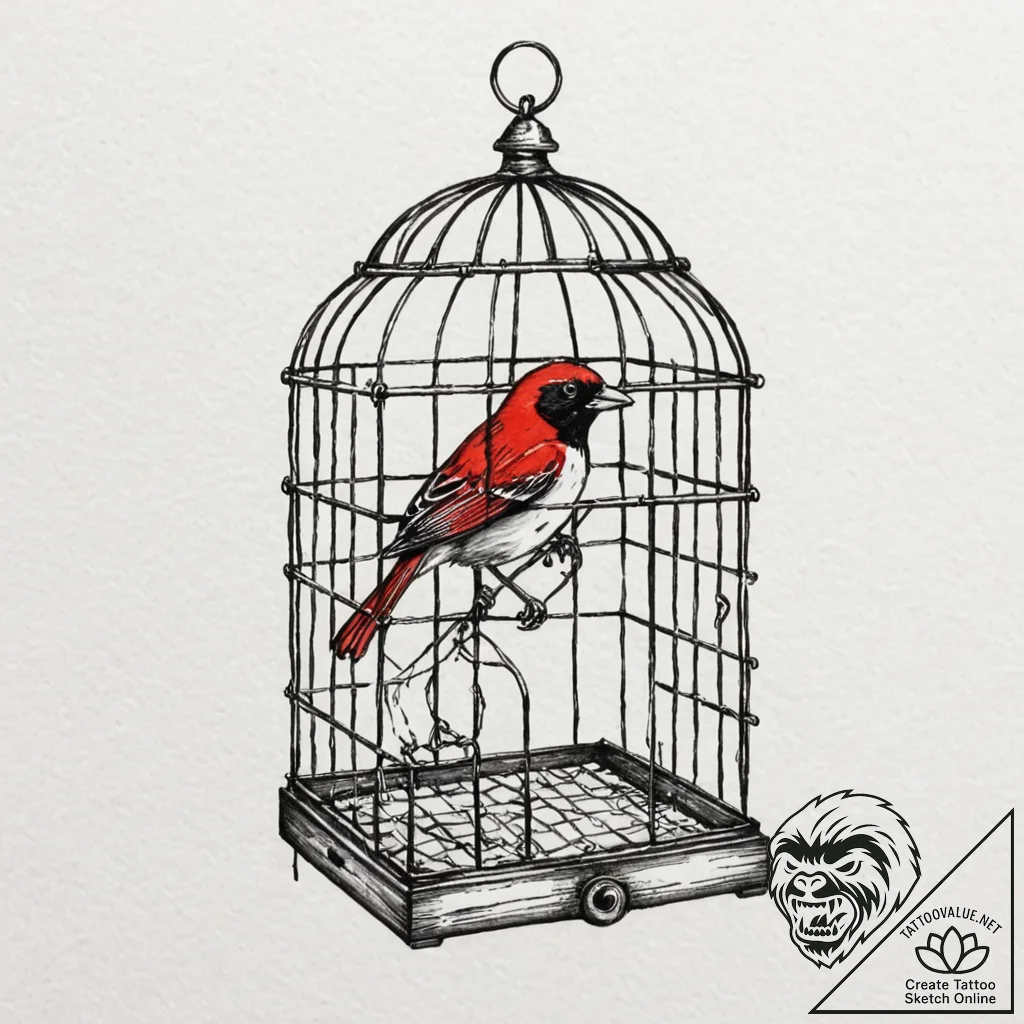 A whimsical bird in a cage, trapped,, tattoo... - tattoo sketch (№1752614502_0, 15.07.2025 21:21) — tattoovalue.net