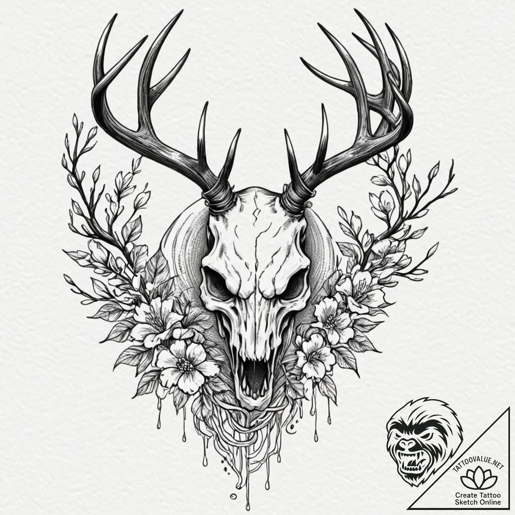 Skull of a deer with antlers of living branch... - tattoo sketch (№1752614841_0, 15.07.2025 21:27) — tattoovalue.net
