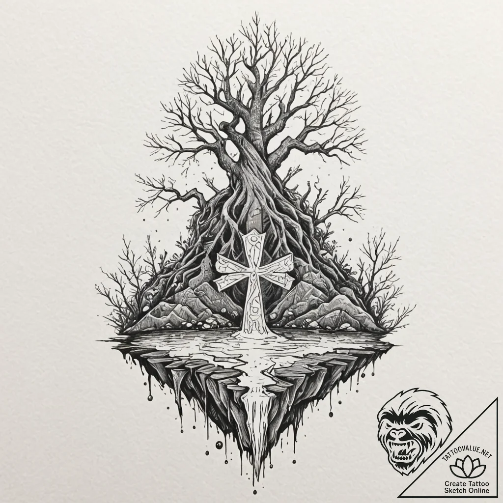 Sunken temple bound in roots, tattoo flash sh... - tattoo sketch (№1752614926_0, 15.07.2025 21:28) — tattoovalue.net