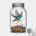 A whimsical bird in a glass jar, trapped,, ta… – tattoo sketch (№1752615595_0, 15.07.2025 21:39) — tattoovalue.net
