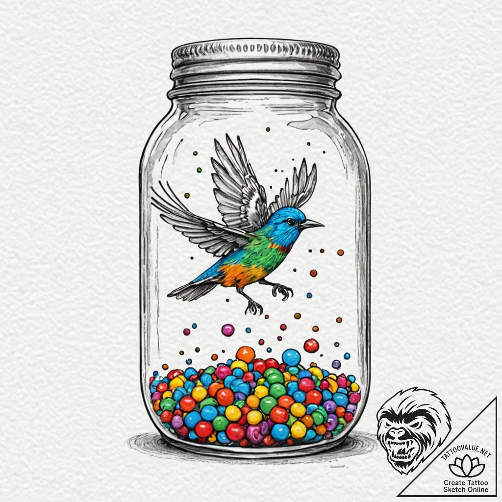 A whimsical bird in a glass jar, trapped,, ta... - tattoo sketch (№1752615595_0, 15.07.2025 21:39) — tattoovalue.net