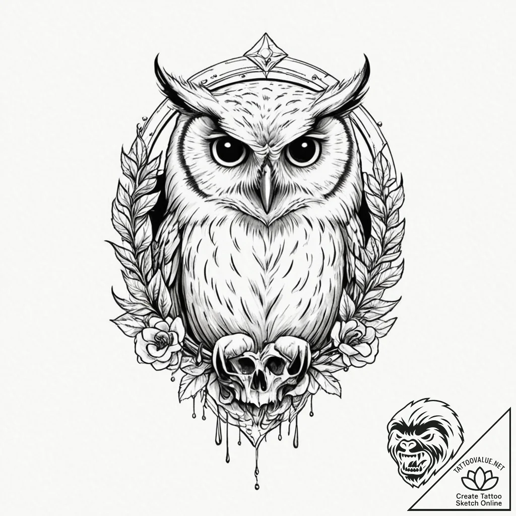Owl with skull - tattoo sketch (№1752616600_0, 15.07.2025 21:56) — tattoovalue.net