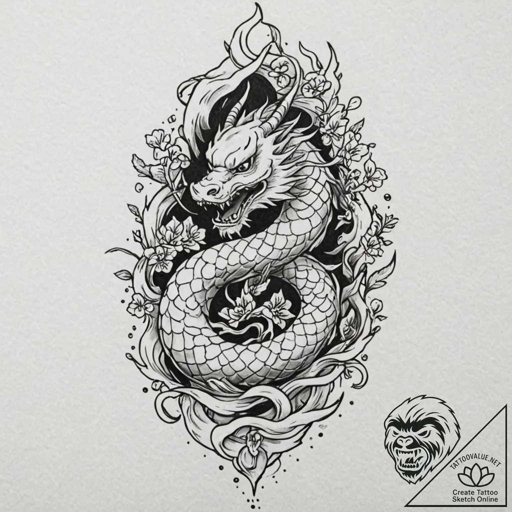 Nether serpent beneath spectral spire, tattoo... - tattoo sketch (№1752616684_0, 15.07.2025 21:58) — tattoovalue.net