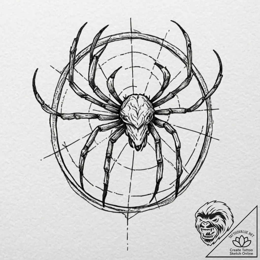 Spider spinning a web between a ram's horns,... - tattoo sketch (№1752616934_0, 15.07.2025 22:02) — tattoovalue.net