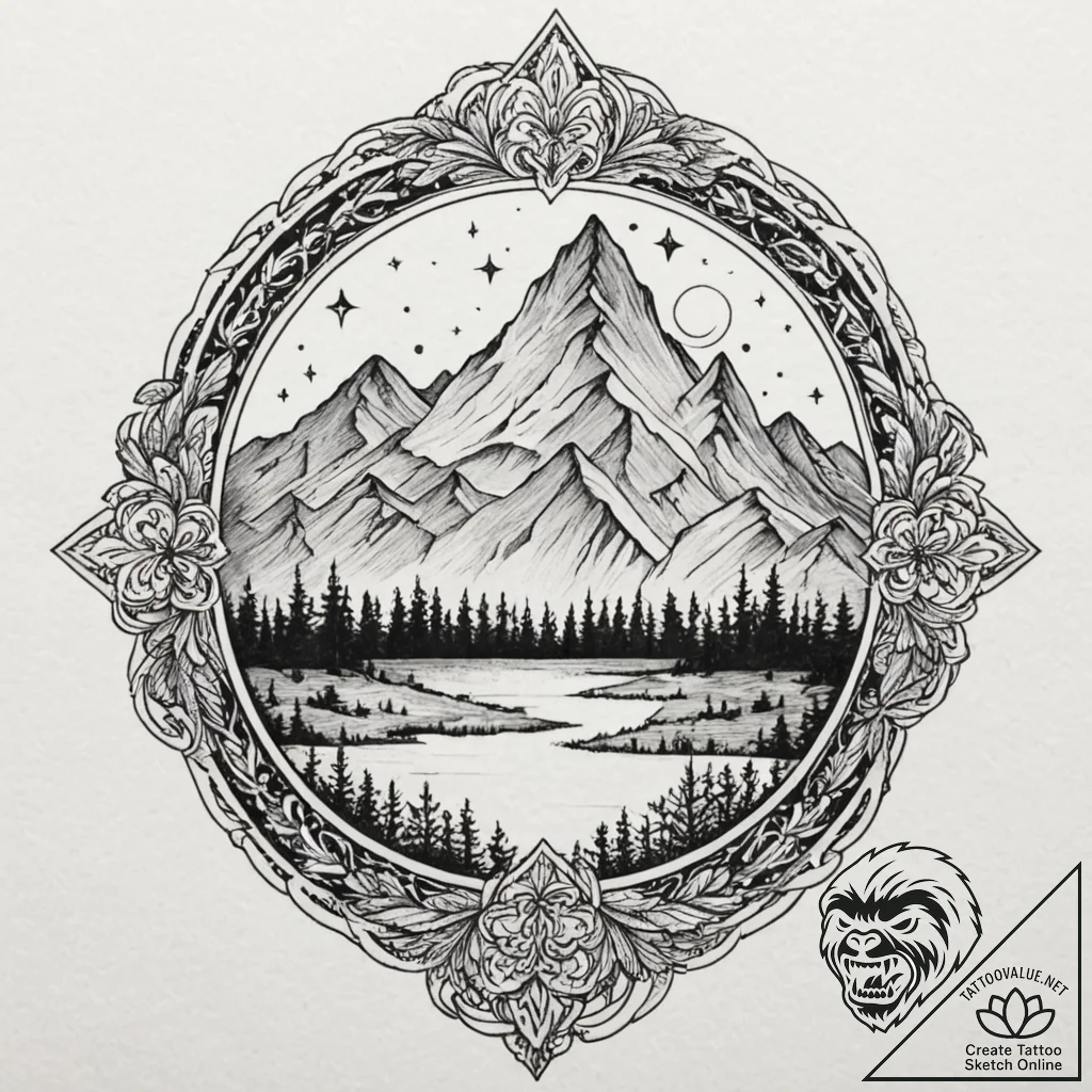 Mountain peak crowned with stars, artistic ta... - tattoo sketch (№1752617352_0, 15.07.2025 22:09) — tattoovalue.net