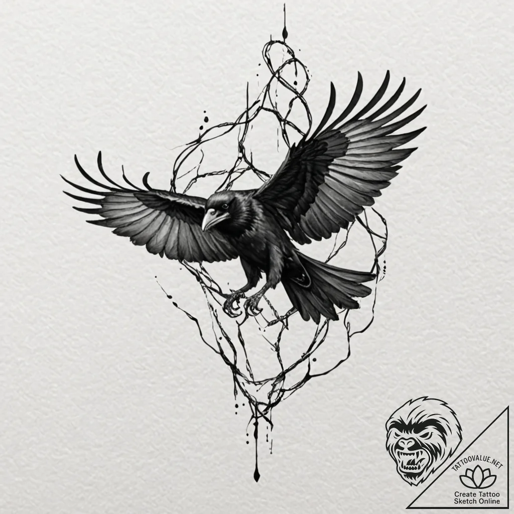 Burning web trapping raven, ink illustration... - tattoo sketch (№1752617436_0, 15.07.2025 22:10) — tattoovalue.net