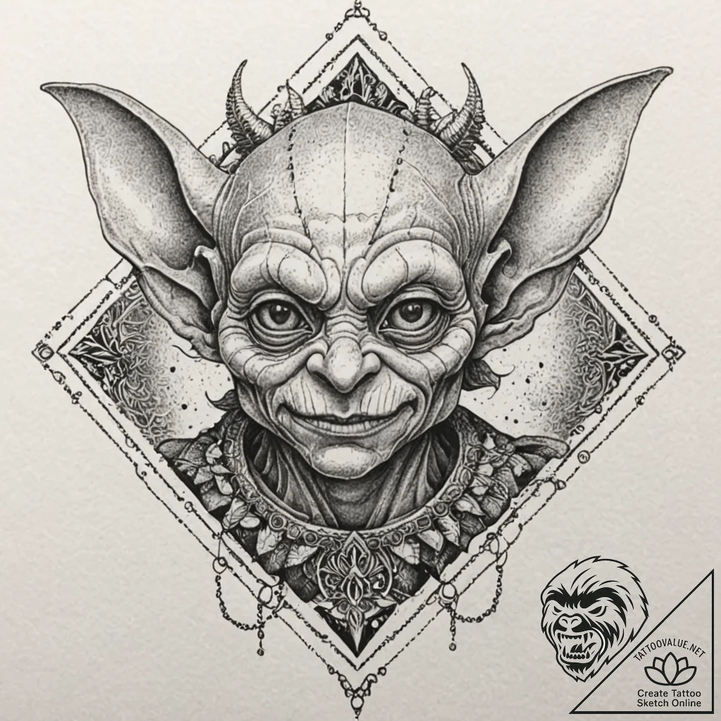 Goblin, tattoo line art, on a clean white pap... - tattoo sketch (№1752617770_0, 15.07.2025 22:16) — tattoovalue.net