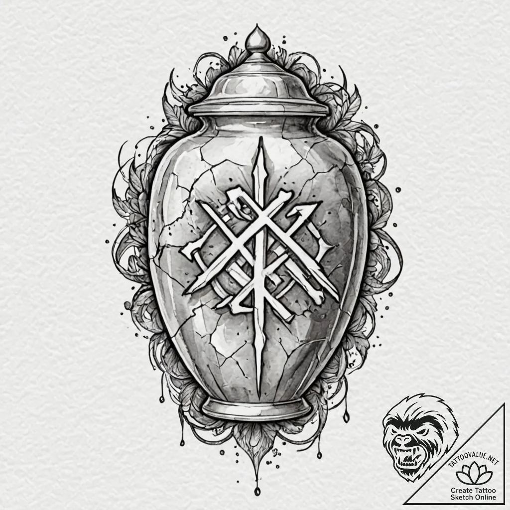 Urn cracked with glowing runes, artistic tatt... - tattoo sketch (№1752617854_0, 15.07.2025 22:17) — tattoovalue.net