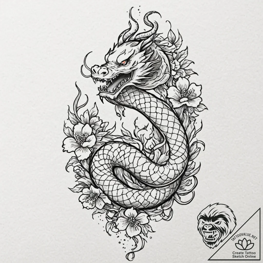 Clawed serpent emerging from tree, tattoo dra... - tattoo sketch (№1752617937_0, 15.07.2025 22:18) — tattoovalue.net