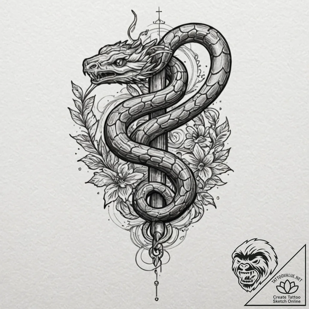 Locked serpent winding around key, tattoo fla... - tattoo sketch (№1752618103_0, 15.07.2025 22:21) — tattoovalue.net
